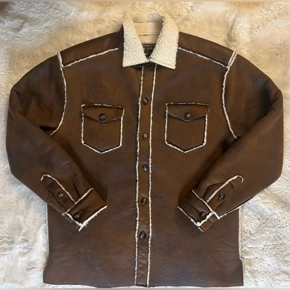 TRU GRIT VINTAGE WASHED BROWN SHERPA BUTTON JACKET SHACKET SIZE: MEDIUM - Picture 3 of 4